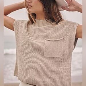 Beige Sleeveless Knit Sweater Vest Tank Pullover Mock Neck Pocket Coastal Layer